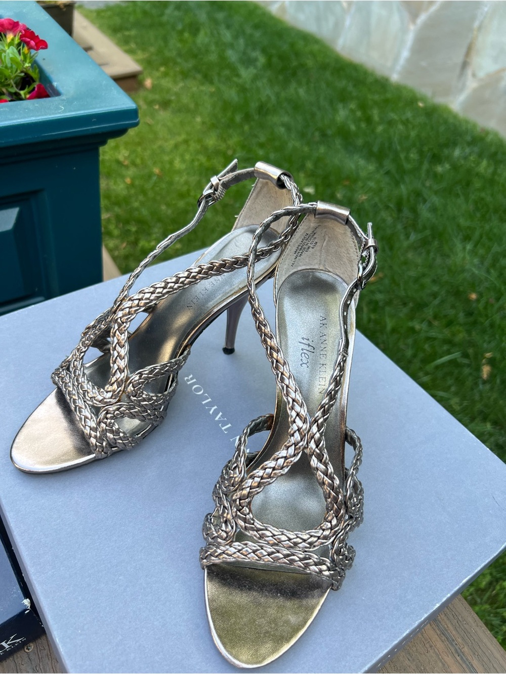 Anne Klein Braided Metallic Strappy High Heels - Silver